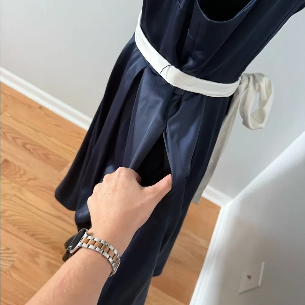 Collectif Navy Satin Formal Dress with White Belt - Picture 7 of 12